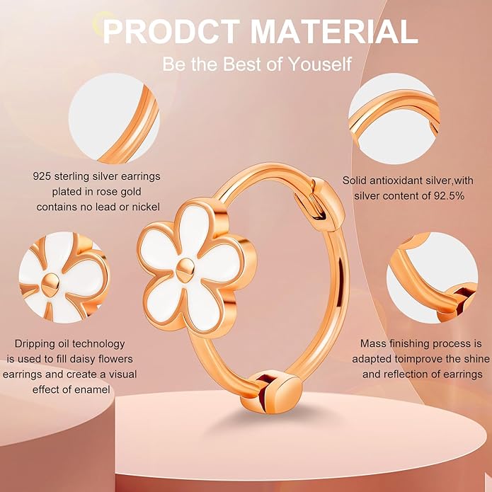 925 Sterling Silver Earrings for Women Dainty Dripping Oil Enamel Daisy Flowers Earrings Minimalist Style Jewelry Sensitive Earrings for Women Hypoallergenic Huggie Hoops