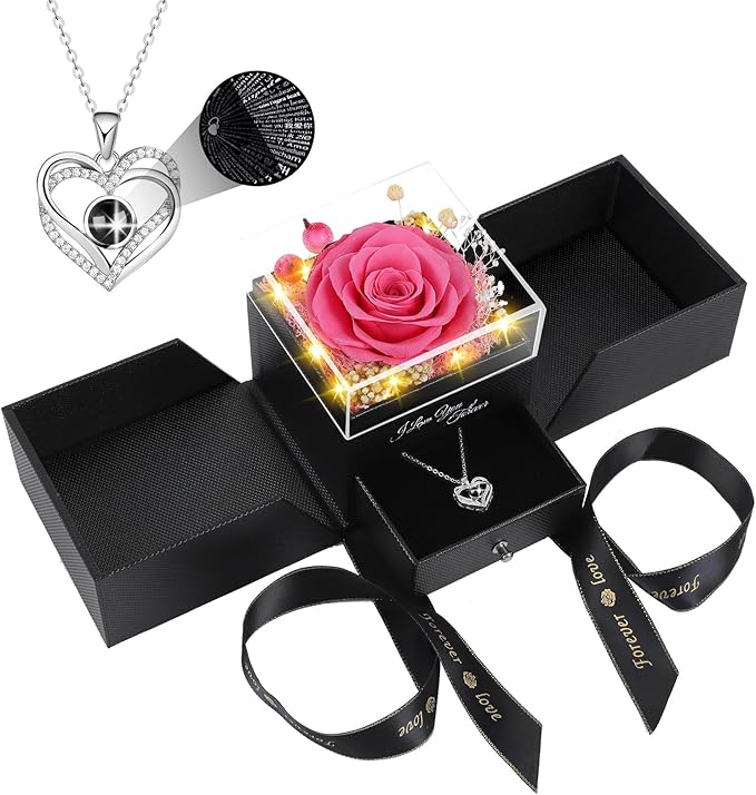 Preserved Pink Real Rose Flowers in Box with I Love You in 100 Languages Necklace - Unique Gift for Women Mom Wife Girlfriend on Mother's Day Valentine's Day, Birthday, Christmas