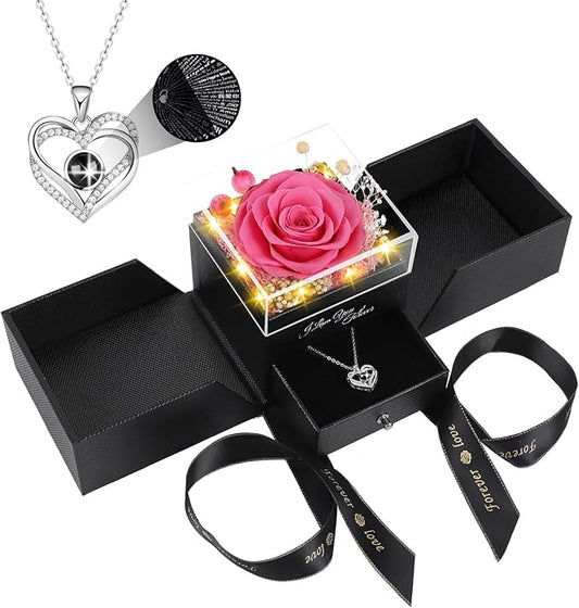 Preserved Pink Real Rose Flowers in Box with I Love You in 100 Languages Necklace - Unique Gift for Women Mom Wife Girlfriend on Mother's Day Valentine's Day, Birthday, Christmas