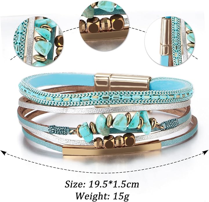 Fesciory Leather Wrap Bracelets for Women, Boho Leopard Multi-Layer Crystal Beads Cuff Bracelet Jewelry