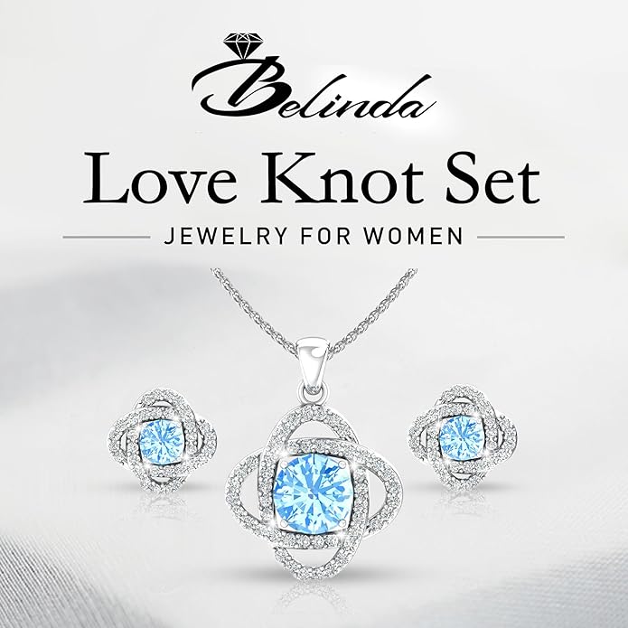 Women 925 Sterling Silver Cute Love Knot Sparkling Gemstone Push Back Stud Earrings Hanging Pendant Necklace Beautiful Fine Jewelry Accessory Set, 1.65 Carat