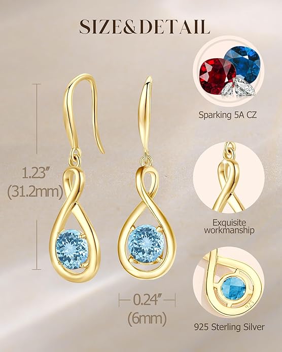 FANCIME Dangle Drop Earrings 925 Sterling Silver Dainty Infinity Round Gemstone Birthstone Jewelry Birthday Gifts for Her Women