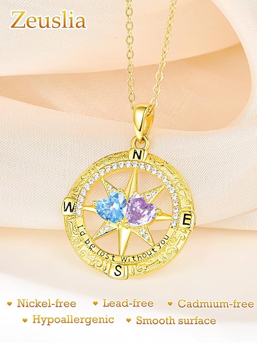 Zeuslia Double Birthstone Necklace Gifts for Wife - 925 Sterling Silver Sunflower/Rose/Crown Cross/Compass/Heart Pendant I Love You Necklace, Anniversary Birthday Gifts for Wife Girlfriend Mom Her