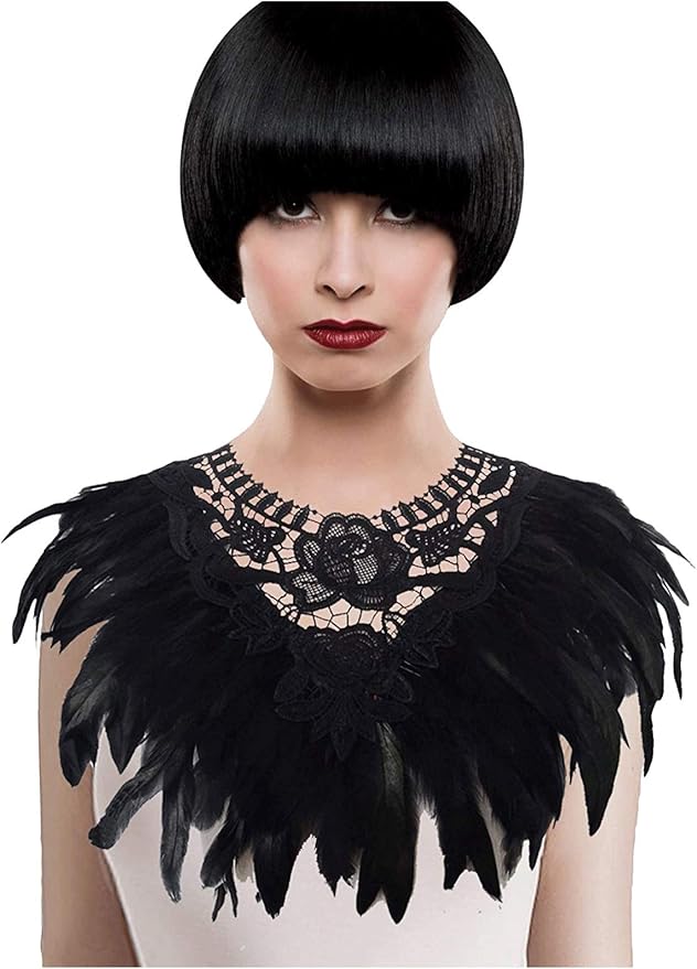 L'VOW Real Black Feather Harness Lace Collar Necklace Bib Halloween