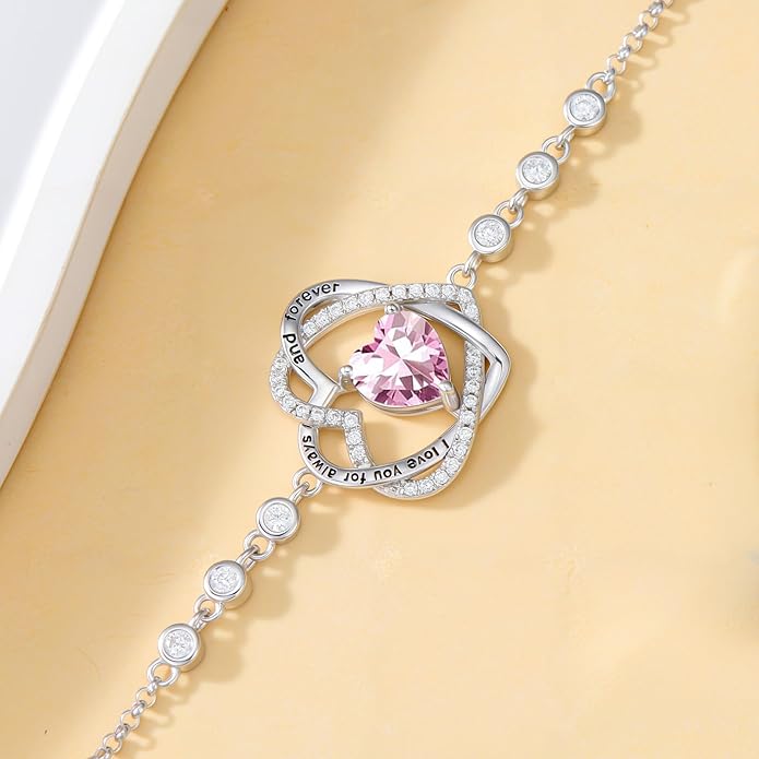 TOUPOP Heart Birthstone Bracelet 925 Sterling Silver Double Heart Bracelet Love You for Always and Forever Jewelry Anniversary Birthday Christmas Gifts for Women Wife Her