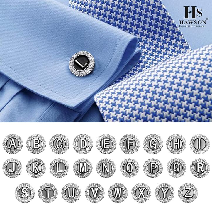 HAWSON A-Z Initial Cufflinks for Men and Women with Clear Crystal, Gold Silver Color Rasied Letter A-Z Cuff Links for French Shirt, Gift for Normal and Business Wearing