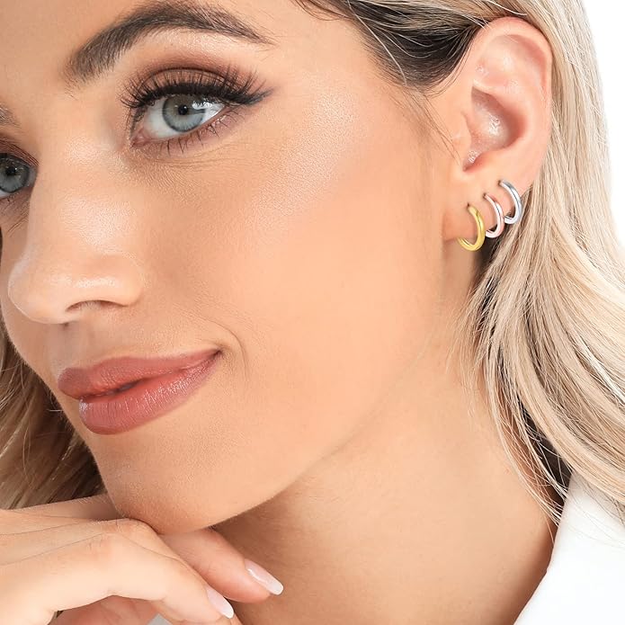 3 Pairs 925 Sterling Silver Hoop Earrings 14K White Gold Plated Small Silver Hoops Cartilage Huggie Earrings for Women Men