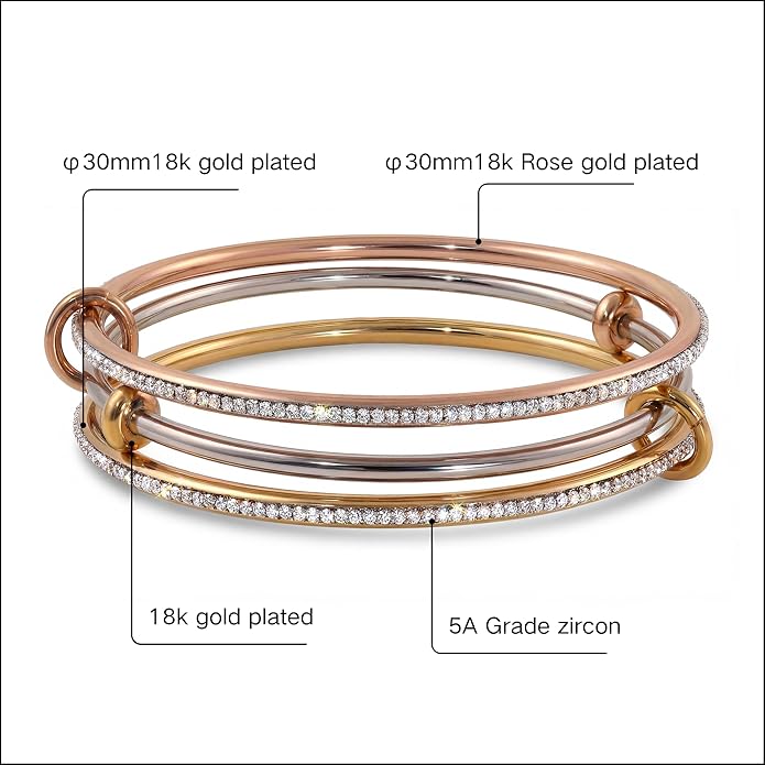 Musishiyu Gold Bracelets for Women Stacking Bangle - 18K Mixed Metal Tri-Color Rolling Interlocking Bands, Cubic Zirconia Fidget Anxiety Jewelry, Valentine's Galentine's Day Gifts (Love, Loyalty, Friendship)