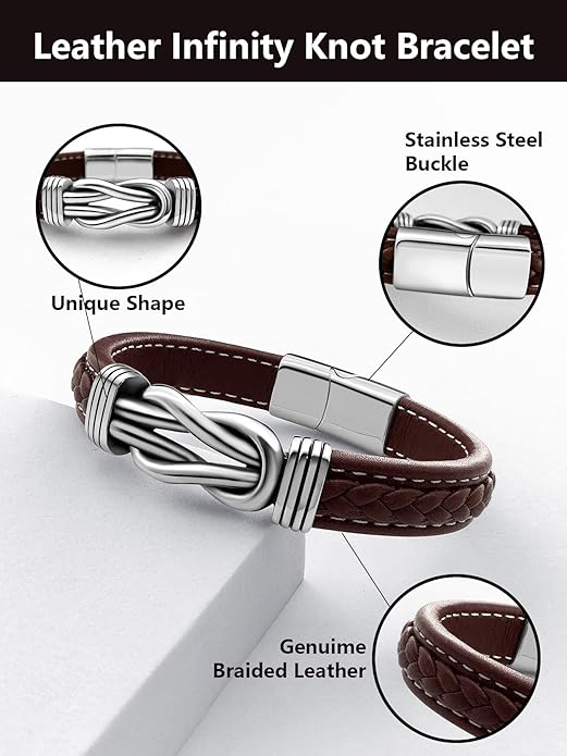Mens Black Braided Leather Bracelet, Green/Red/Brown/Black Braided Leather Infinity Knot Bracelets for Men with Stainless Steel Clasp, 7.5/8.5/9in Length