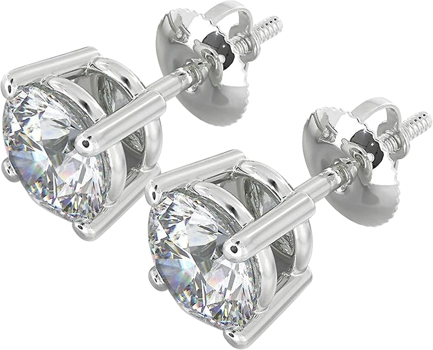 Natural Real Diamond Studs Earrings with Secure Screw Back for Women and Men, 14K Gold Round-Cut Diamond Stud Earrings