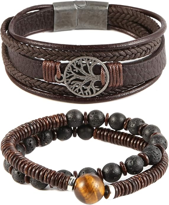 HZMAN Genuine Leather Tree of life Bracelets Men Women, Tiger Eye Natural Stone Lava Rock Beads Ethnic Tribal Elastic Bracelets Wristbands