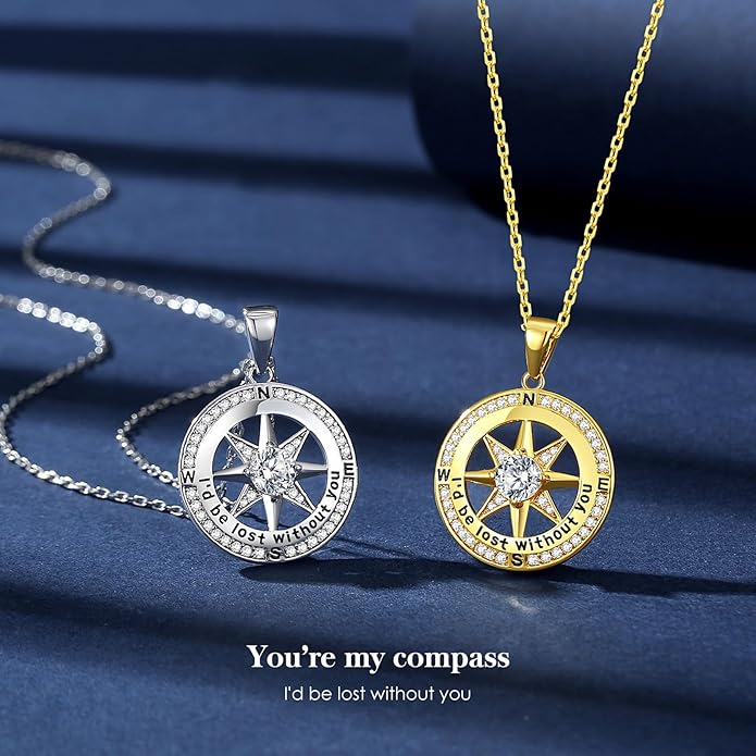 Mkhhy Compass Necklace for Women Jewelry For Her White Gold and Yellow Gold I'd Be Lost Without You(18k Real Gold Filled With S925)