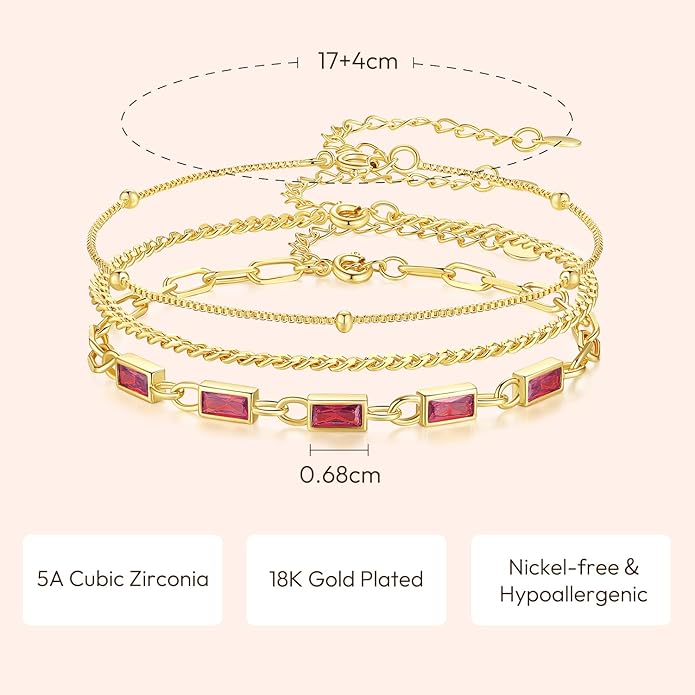 Gold Birthstone Bracelet for Women, 18K Gold Plated Layered Jewelry Bracelet Set, Women Dainty Stackable Bracelets Link Paperclip Chain Valentines Day Gift for Women