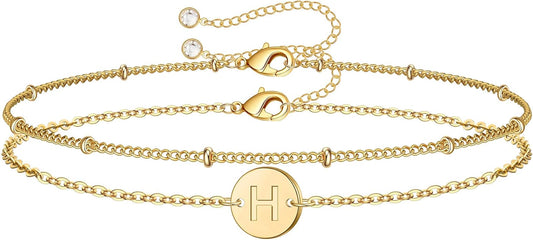 MONOZO Gold Initial Bracelets for Women Girls Christmas Gifts - Dainty 14K Gold Plated Layered Beaded Letter Initial Bracelet 26 Alphabet Disc Monogram Charm Bracelet Jewelry Christmas Gifts for Women