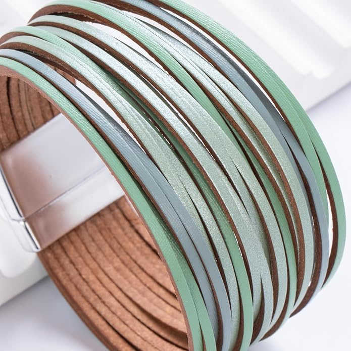 FANCY SHINY Boho Leather Wrap Bracelet Stackable Layered Bangle Cuff with Magnetic Clasp