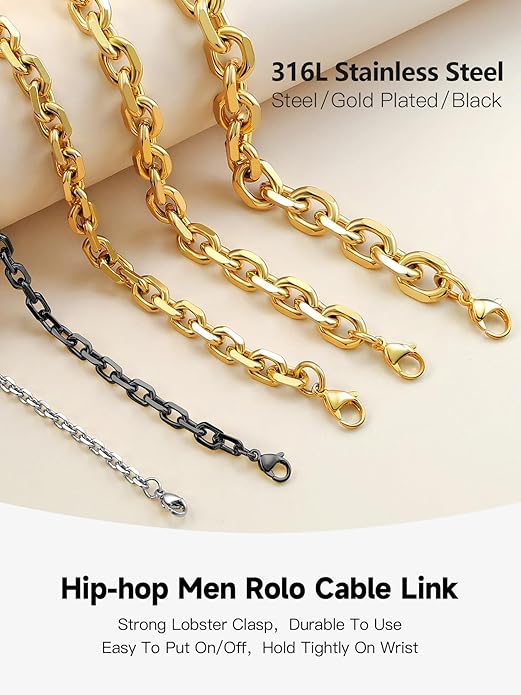 Hoyazvet Cable Chain Stainless Steel Necklace for Men Women, 3/5/8/10/13MM Width, 18K Gold Plated/Black Metal/316L Stainless Steel Sturdy Rolo Link Chain Necklace, 18-30inch Length