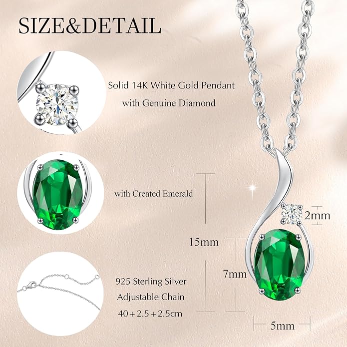 FANCIME 14K Solid White Gold Oval Gemstone Necklace with Diamond Pendant Gifts for Mom Women,16"+2" Inches