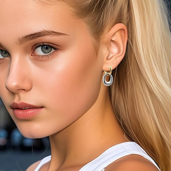 14K Gold Plated and Silver Hoop Earrings for Women Two Tone Mixed Metal Huggie Hoop Earrings for Daily