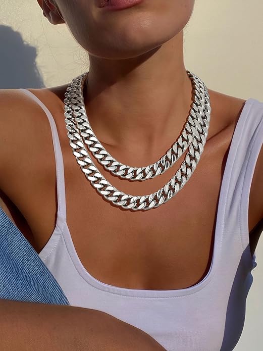 ChainsPro Chunky Cuban Link Chain Necklace for Women,Stainless Steel Silver/Gold Plated Thick Choker, 5/12/14mm Width,18" and 20" Punk Hip Hop Trendy Jewelry Gifts