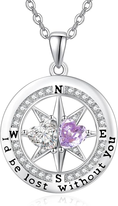 Compass Birthstones Necklace for Women, Exquisite Anniversary Birthday Gifts for Wife Her Double Birthstone Pendant jewelry ‘I'd be Lost Without You’