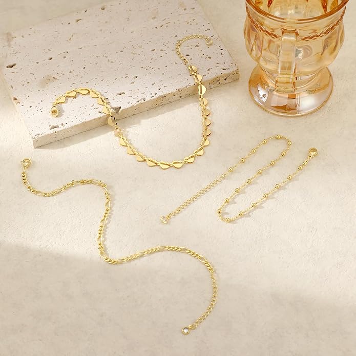 Gold Ankle Bracelets for women,14k Gold/Silver Plated Waterproof Layered lightweight Cuban Link Figaro Chain Heart anklet butterfly anklet Pearl Ankle Bracelets Set Gold Anklets for women Trendy Jewelry Gift for Women