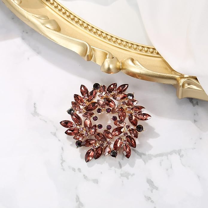 BriLove Austrian Crystal Rhinestone Elegant Flower Marquise Wreath Brooches for Women