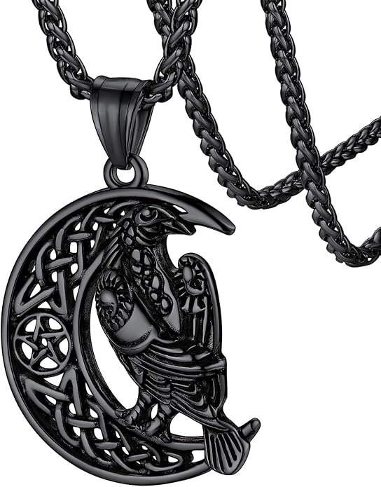 FaithHeart Viking Raven Necklace for Men, Norse Mythology Raven Skull Pendant Sturdy Stainless Steel Amulet Jewelry Gift for Men