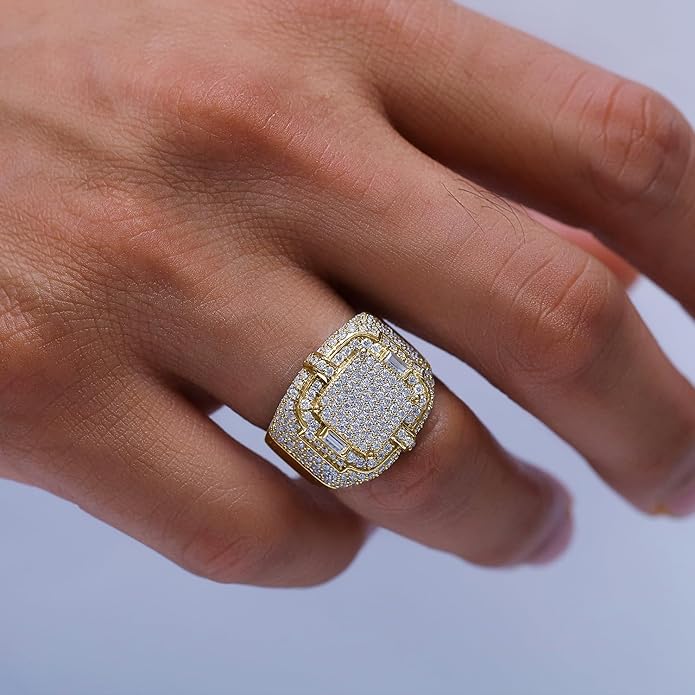 Wedding Anniversary Ring For Men's Baguette & Round Cut Lab Created Moissanite & Lab Grown Diamond Square Frame In 925 Sterling Silver 10K & 14K Solid Gold Jewelry 1.90 Cttw