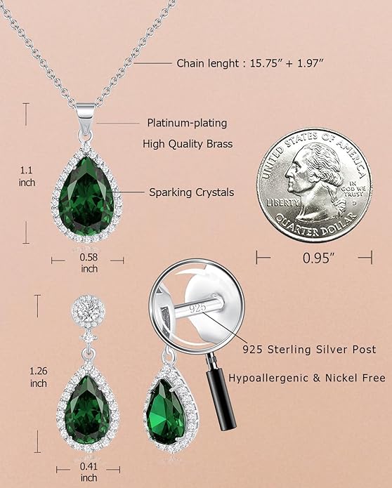 REASAYLL Jewelry Sets For Women 925 Sterling Silver Post Teardrop Dangle Stud Earrings Necklace Set Crystal Rhinestone Wedding Prom Costume Jewelry for Women