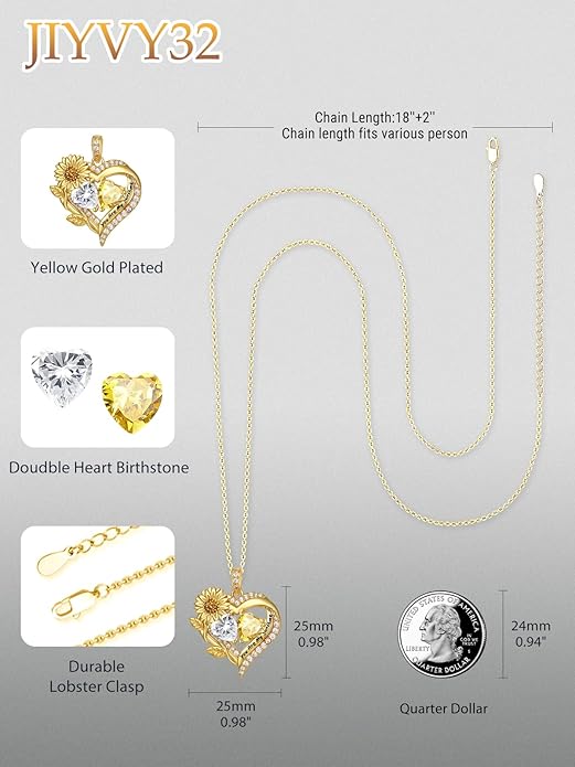 JIYVY32 Sunflower Heart Necklace for Women 14K Gold Exquisite Anniversary Birthday Gifts for Wife Mother Her Double Birthstone Pendant jewelry‘You Are My Sunshine’