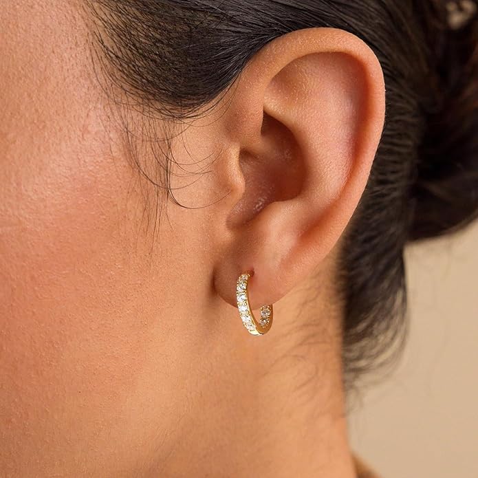 Yellow Gold Plated/925 Sterling Silver Sparkle Cubic Zirconia Hoop Earrings for Women fit Sensitive Ears 14mm/20mm/26mm Huggie/Medium/Large Hoops(with Gift Box)