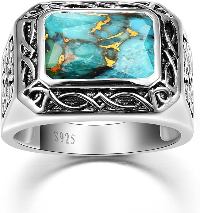 5CT 8X12mm Radiant Cut Teal Turquoise Ring/Created Mens Black Onyx 925 Sterling Silver Mens Ring Cocktail Rings Celtic Pattern Pinky Thumb Ring Band for Dad Father Size 7-12