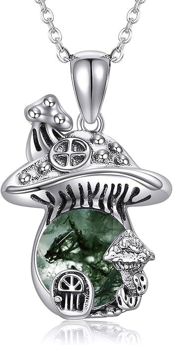 YAFEINI Mushroom Necklace Moonstone/Moss Agate/Malachite/Labradorite/Turquoise/Amber/Larimar/Black Onyx/Lapis Lazuli/Peridot/Opal Sterling Silver Mushroom Pendant Mother's Day Jewelry for Women Mom