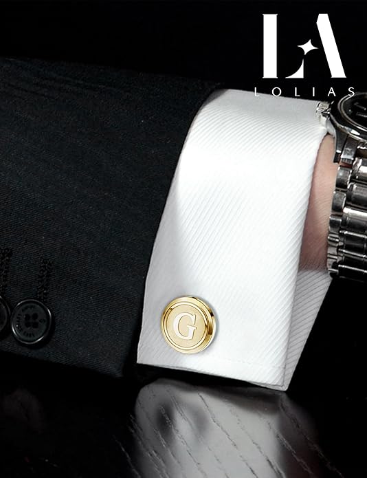 LOLIAS 3 Pairs Initial Cufflinks For Men Classic Mens CuffLinks Set Letter Cuff Links for Casual to Formal with Gift Box Silver Black 14K gold plated Cufflinks for Father Husband