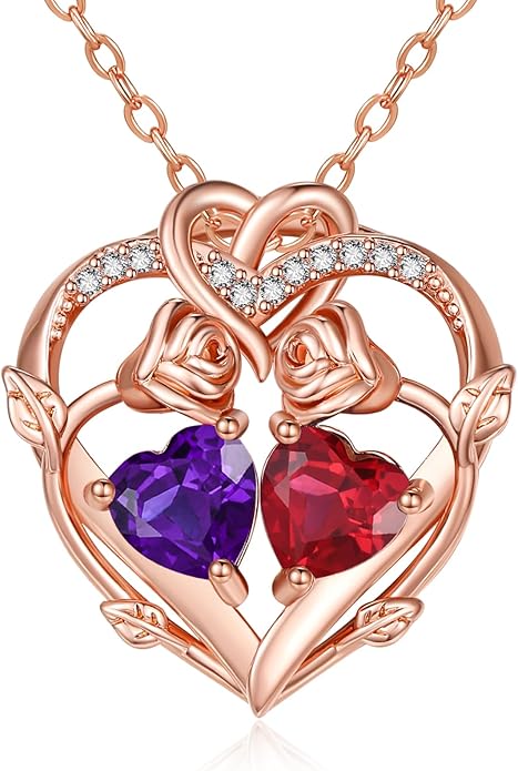 Rose Gold Necklaces for Women Double Birthstone Rose Flower Heart Pendant Necklace Jewelry Anniversary Christmas Valentine's Mother's Day Birthday Gift for Wife Mom Her Girlfriend Sister