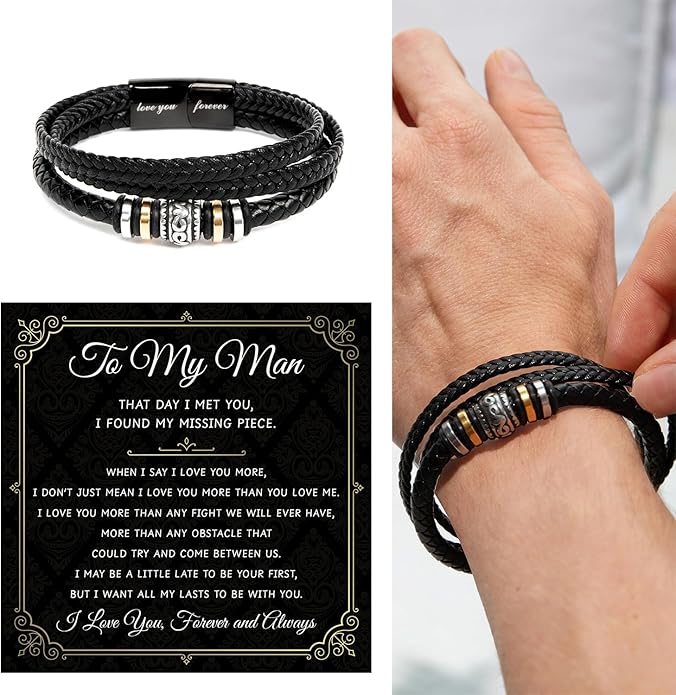 Mapileng To My Man – Braided Leather & Stainless Steel Bracelet with Heartfelt ‘Love You Forever’ - Elegant Gift Box Included, Gift from Girlfriend or Wife for Husband, Boyfriend, or Brother