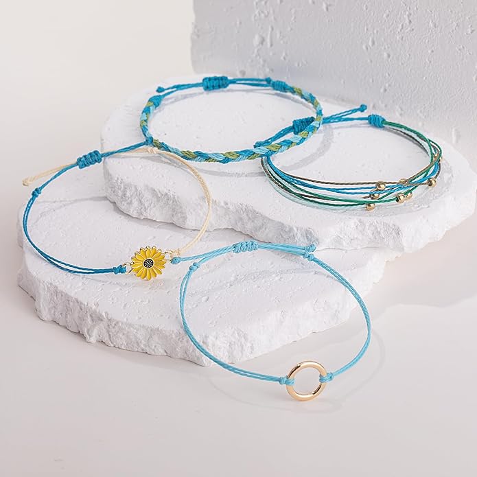 FANCY SHINY Sunflower String Bracelet Boho Braided Rope Wrap Bracelets Cute Summer Beach Surfer Jewelry for Women