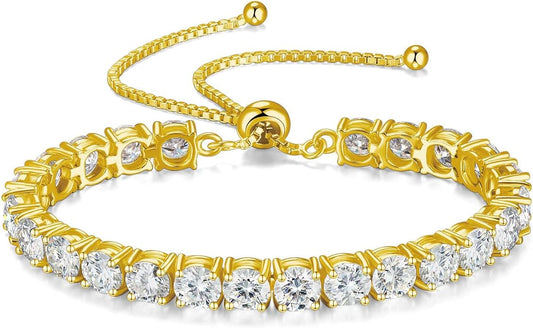 1.2-12 CTTW Moissanite Tennis Bracelet for Women, Adjustable 2-5mm D Color VVS1 Round Cut Moissanite Bolo Bracelet, 18K Gold Plated 925 Sterling Silver Simulated Diamond Bracelet Gifts for Women Her