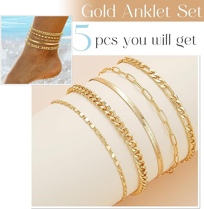 iF YOU Gold Ankle Bracelets for Women, 14k Gold Plated Waterproof Cuban Link Chain Anklets Set, Layered Anklet Bracelets for Women Beach Gift Adjustable Size 5pc
