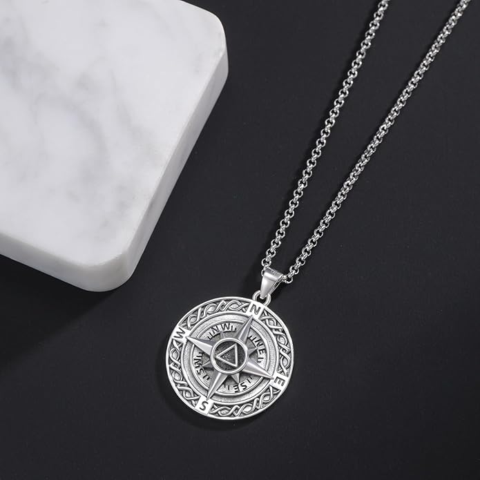 LES OSEWA Compass Necklace for Men Sterling Silver Compass Pendant Masonic Viking Necklace Travel Amulet Necklace Inspirational Graduation Jewelry Gifts for Women