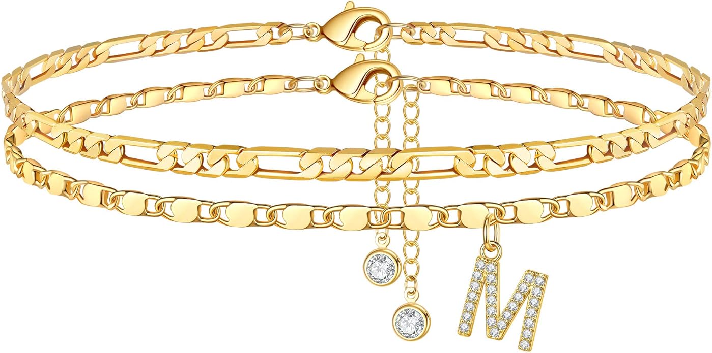 Ursteel Ankle Bracelets for Women, 14K-Gold-Plated Dainty Layered Chain CZ Initial Anklets Set Summer Jewelry Gifts for Women