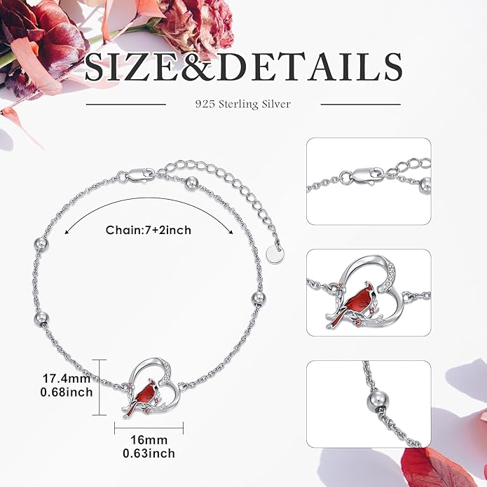 Red Cardinal Bracelet with Diamond 925 Sterling Silver Cardinal Bracelet for Women Cardinal Jewelry Gift for Her Anniversary Birthday Christmas