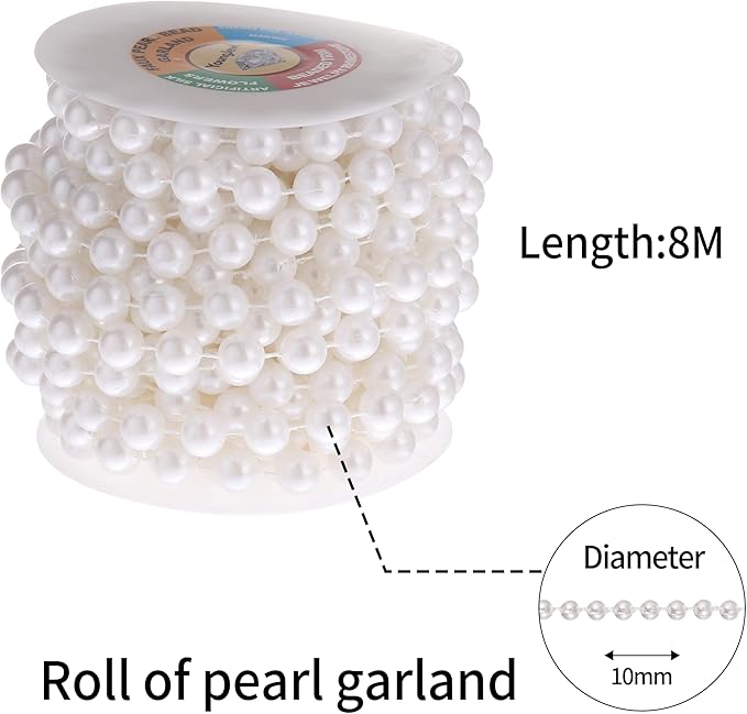 YoungJewl 10mm Pearl Strands,9 Yds of White Fake Beads Garland Spool Roll with String Pearls for Crafting,Wedding Party,Christmas Tree Decoration.