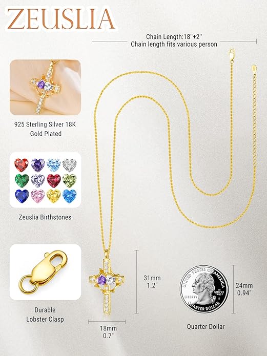 Zeuslia Double Birthstone Necklace Gifts for Wife - 925 Sterling Silver Sunflower/Rose/Crown Cross/Compass/Heart Pendant I Love You Necklace, Anniversary Birthday Gifts for Wife Girlfriend Mom Her