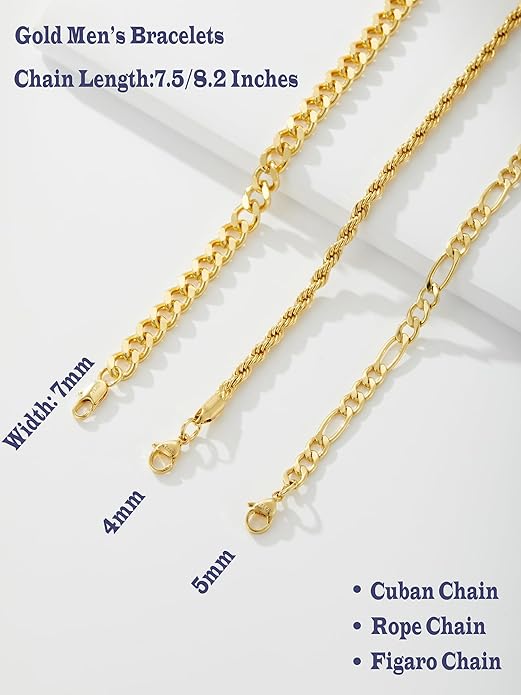 3 PCS Silver Bracelets for Men 925 Sterling Silver/14K Gold Palted Cuban Link Chain Bracelet Figaro Rope Bracelet Set Mens Jewelry Gifts for Dad Husband Boyfriend 7.5/8.2 Inches