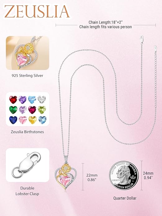 Zeuslia Double Birthstone Necklace Gifts for Wife - 925 Sterling Silver Sunflower/Rose/Crown Cross/Compass/Heart Pendant I Love You Necklace, Anniversary Birthday Gifts for Wife Girlfriend Mom Her