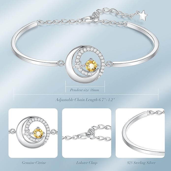 FANCIME Birthstone Bracelets 925 Sterling Silver Moon and Star Bangle Charm Bracelet Fine Jewelry Birthday Anniversary Christmas Day Gift for Her Women, Adjustable Chain 6.7"+1.2" Extend