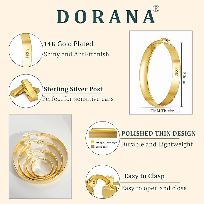 8mm Thick 925 Sterling Silver Hoops Earrings for Women 14K Real Gold Large Hoop Earrings Hypoallergenic and Lightweight Big Hoop Earrings for Women 20/30/40/50/60/70MM