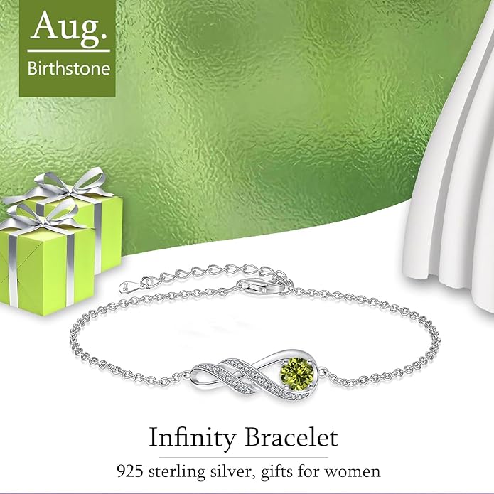 Birthstone Bracelets for Women 925 Sterling Silver Created Gemstone Bracelet Infinity Pendant Jewelry for Her, 6.7"+1.2"