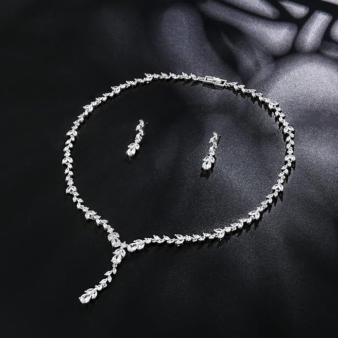 MEEDOZ Bridal Wedding Jewelry CZ Set Marquise Teardrop Cubic Zirconia Pendant Necklace and Dangle Earring Bracelet Sets for Women